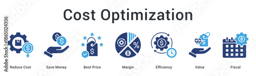 Cost optimization banner web icon featuring strategies for reducing expenses and maximizing profit margins efficiently.