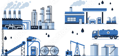 Oil and gas industry illustration set featuring refinery factory fuel station drilling equipment and petroleum transportation infrastructure