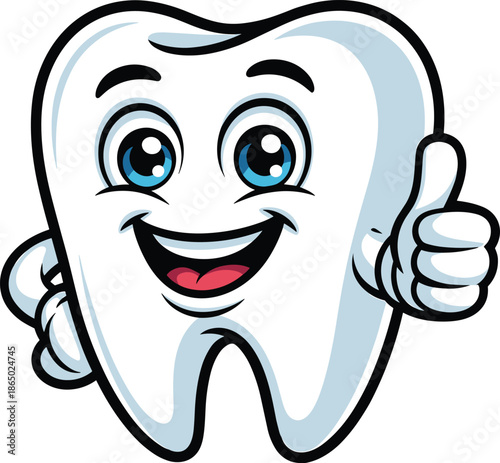 A smiling cartoon tooth with blue eyes and a red tongue giving a thumbs up
