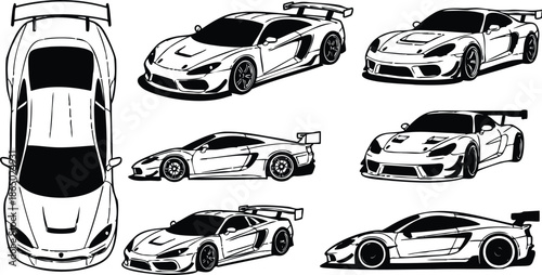 Vector line art racing car set multiple angles top side front three quarter views high performance sports coupe with rear wing black white minimal silhouette stencil