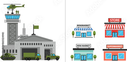 Military base and retail store building illustration set featuring defense facilities minimarket supermarket and urban commerce architecture