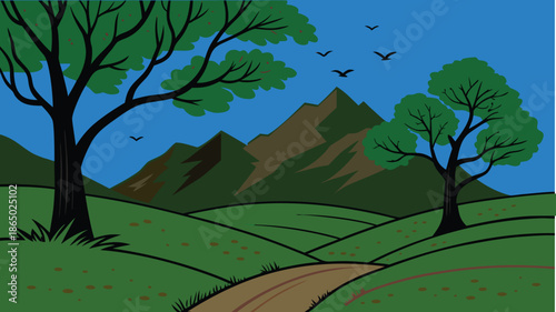 Landscape illustration of rolling green hills and mountains