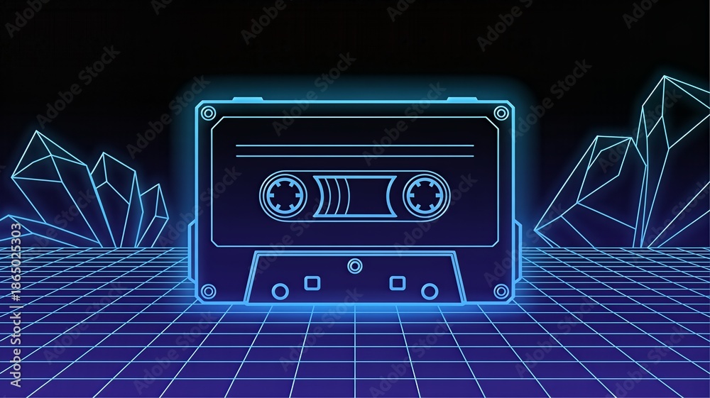 Fototapeta premium Neon blue cassette tape on grid floor with crystals