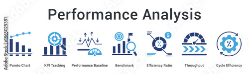 Performance Analysis banner web icon tracks KPIs against baseline benchmarks measuring efficiency ratios and throughput cycles.
