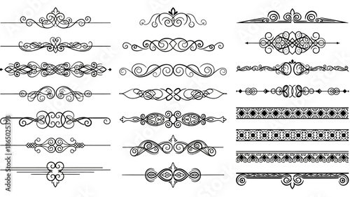 Collection of Ornate Vintage Decorative Borders and Dividers on Isolated White Background.