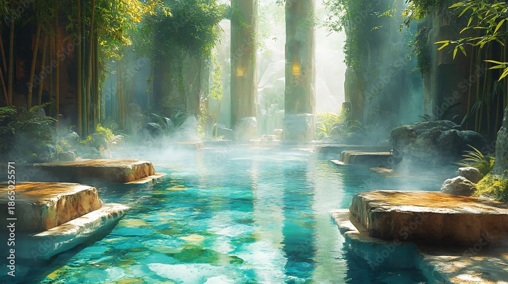 custom made wallpaper toronto digitalMystical, steaming outdoor pool nestled within a lush, ancient forest. Stone benches and pillars surround the tranquil water