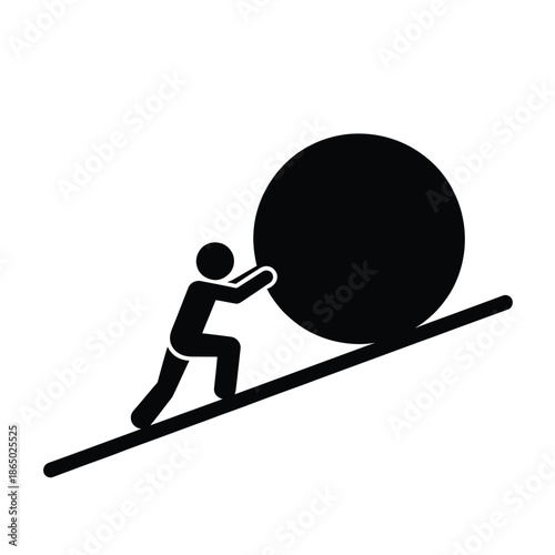 A stick figure struggles to push a large sphere uphill on a slope