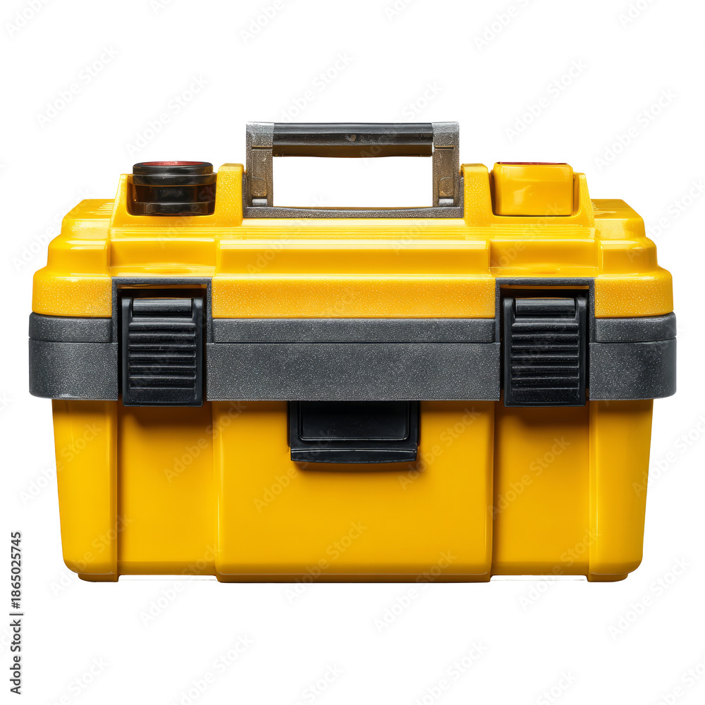 Fototapeta premium Yellow Plastic Toolbox with Black Latches and Handle on White Background
