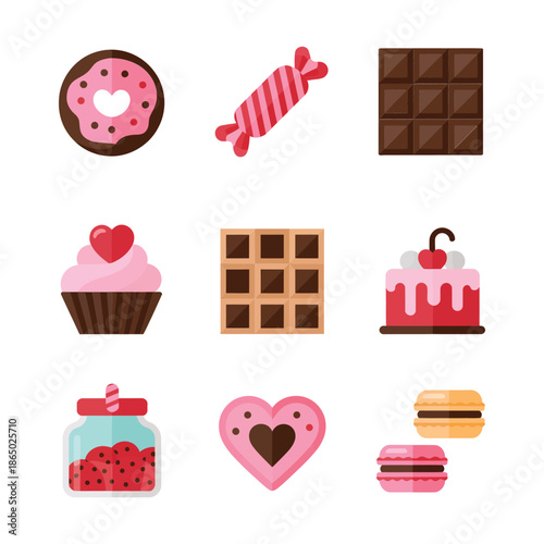 Modern valentines sticker pack with hearts flowers gifts envelope locks rings chocolate dessert and glossy flat vector vibe