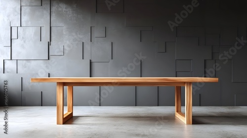 A sleek contemporary wooden table is centrally placed in a minimalist room featuring a dark geometrically patterned textured wall and a polished concrete floor evoking a modern aesthetic