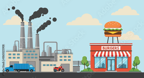 Industrial factory and fast food burger restaurant illustration set showing urban contrast between manufacturing industry and commercial dining