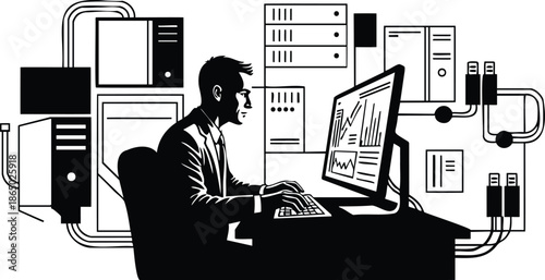 Minimalist vector data center technician monitoring analytics on widescreen desktop from side view wearing suit typing at desk with server racks and cables monochrome silhouette graphic
