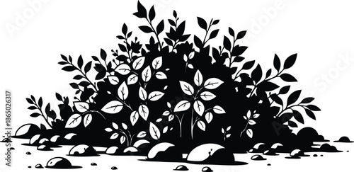 Silhouette vector flat design close up shrubbery with visible leaves and foreground stones low angle composition black and white botanical illustration minimalist ink wash style isolated