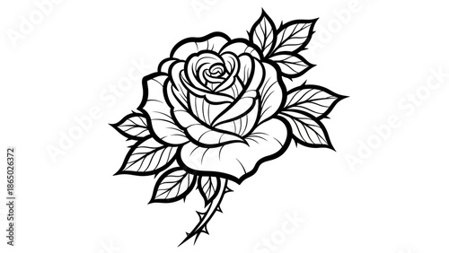 Detailed black and white outline drawing of a blooming rose flower with thorns isolated on white background