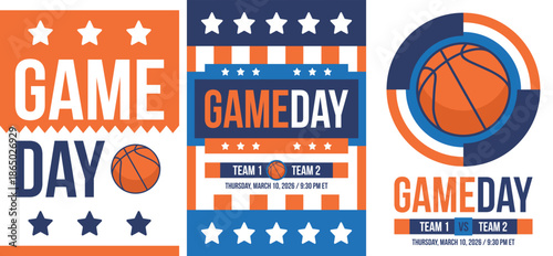 Game Day. Basketball playoff in March. Super sport party in United States. Final games of season tournament. Professional team championship. Ball for basketball. Sport poster. Vector