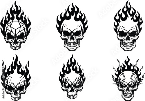 Tattoo flash skulls with stylized flame crowns six variations frontal view close up vector art black linework aggressive grinning jaws hollow eye sockets symmetrical