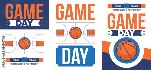 Game Day. Basketball playoff in March. Super sport party in United States. Final games of season tournament. Professional team championship. Ball for basketball. Sport poster. Vector