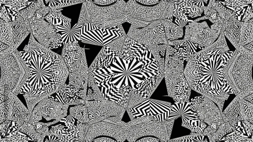 Intricate black and white abstract geometric pattern with a hypnotic optical illusion effect