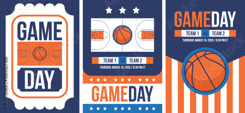 Game Day. Basketball playoff in March. Super sport party in United States. Final games of season tournament. Professional team championship. Ball for basketball. Sport poster. Vector