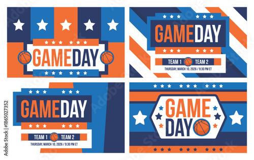 Game Day. Basketball playoff in March. Super sport party in United States. Final games of season tournament. Professional team championship. Ball for basketball. Sport poster. Vector