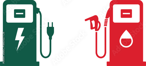 Green and red fuel and electric charging stations with symbols and cords