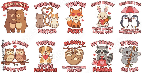 A collection of adorable animal stickers featuring bears, cats, sloths, and foxes with romantic puns like "Bear Hugs" and "Purr-fect Match''.