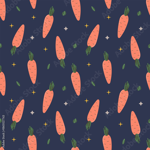 Seamless pattern with carrots on dark background. Autumn and harvest concept. Flat style vector illustration.