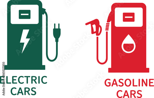 Green and red of electric and gasoline car fueling stations with charging cable and fuel nozzle electric cars