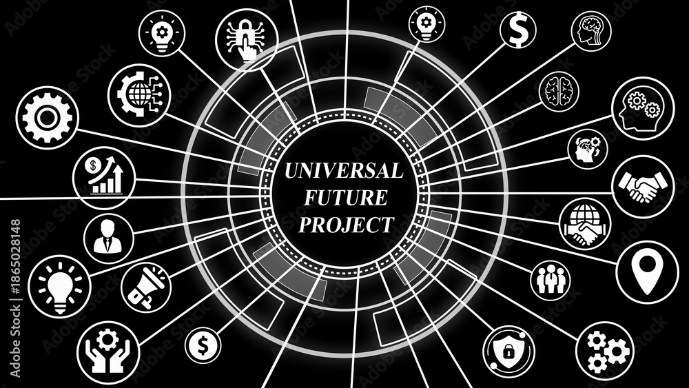 Fototapeta premium Universal Future Project Network with Business and Technology Icons on Black Background abstract artificial intelligence
