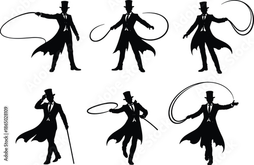 Magician silhouette set featuring elegant illusionist gentleman performing whip tricks wearing top hat and coat isolated black vector illustration collection