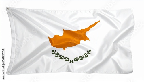 Cyprus flag with white field, copper-orange island silhouette, and crossed green olive branches symbolizing peace and unity.