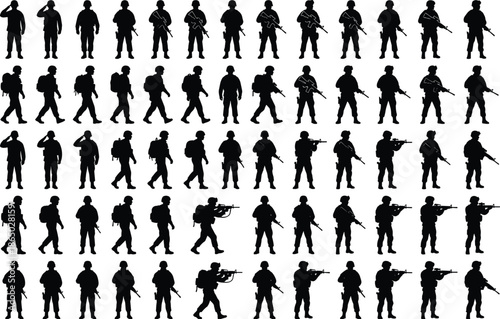 Military soldier silhouette icon set with armed troops marching aiming and standing poses isolated on white background vector illustration collection design