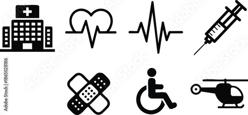 Flat icon hospital building with cross heart pulse ekg line syringe and bandage wheelchair and medical helicopter set in black minimalist vector style simple clean symbols