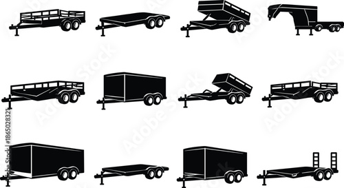 Trailer icon set showing utility dump flatbed enclosed gooseneck equipment transport silhouettes isolated black vector illustration collection trailer types design