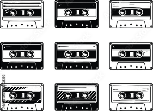 Vintage cassette tape icon set featuring retro audio music media silhouettes isolated black and white vector illustration collection design elements printable