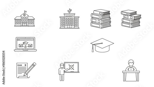 A set of line icons related to education and learning