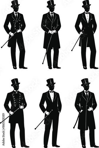 Victorian gentleman silhouette set featuring elegant men in top hats suits and canes isolated black vector illustration collection design icons