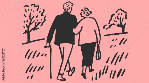 Elderly couple walking together on a street. Simple silhouette illustration featuring trees and a pink background in a vector style.