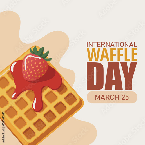 Horizontal funny banner template for International Waffle Day with cartoon waffle with strawberry jam and lettering. Minimalistic holiday concept for march 25 of for poster, background for web, media.