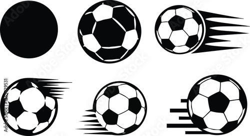 Flat design dynamic soccer ball icon set showing six motion silhouettes in black and white multiple angles close up side view clean sports vector graphics icons