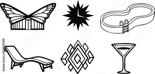 Line art close up set of six travel and leisure icons butterfly crown pool with ladder lounger geometric tile martini glass starburst emblem minimal black vector