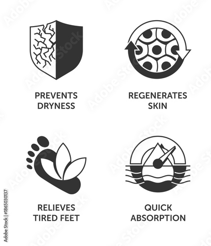 Foot cream properties monochromatic icons set for labeling