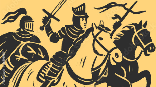 Knight on horse wielding a sword in vintage style. Flat vector illustration representing a historic battle theme.