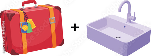 Travel suitcase and bathroom sink vector illustration combining luggage and hygiene concept for travel accommodation design
