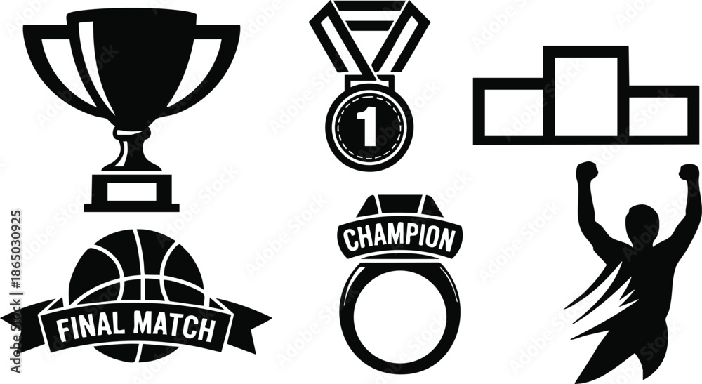 Naklejka premium Flat design basketball trophy and medal set with champion ring podium and celebrating silhouette raising arms in victory black and white vector sports icons award logo