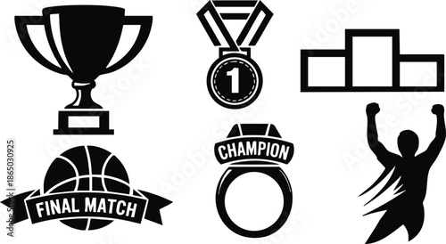 Flat design basketball trophy and medal set with champion ring podium and celebrating silhouette raising arms in victory black and white vector sports icons award logo