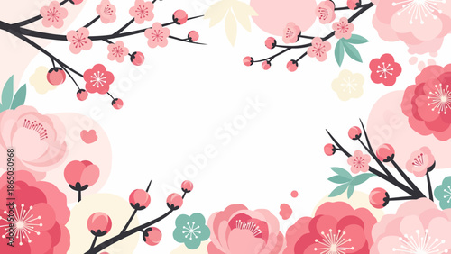 Floral Frame with Pink Peonies and Plum Blossoms Illustration.