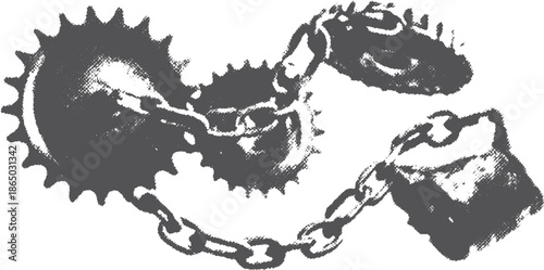 Chain and lock with gear coupling in black design. Simple vector illustration of industrial tool elements.