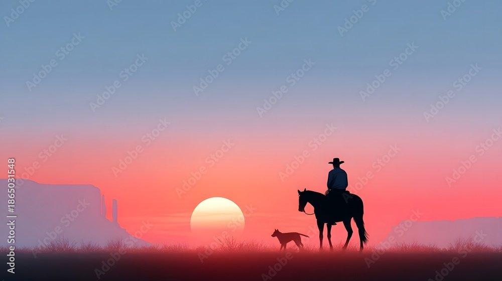 Fototapeta premium A lone cowboy on a horse accompanied by his dog observes a breathtaking sunset casting warm colors across a vast desert plateau with rocky formations in the distance