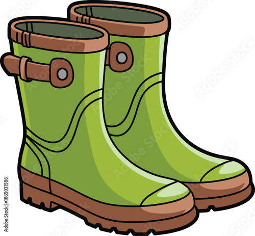 Pair of green rain boots with brown accents and buckles standing upright green boots